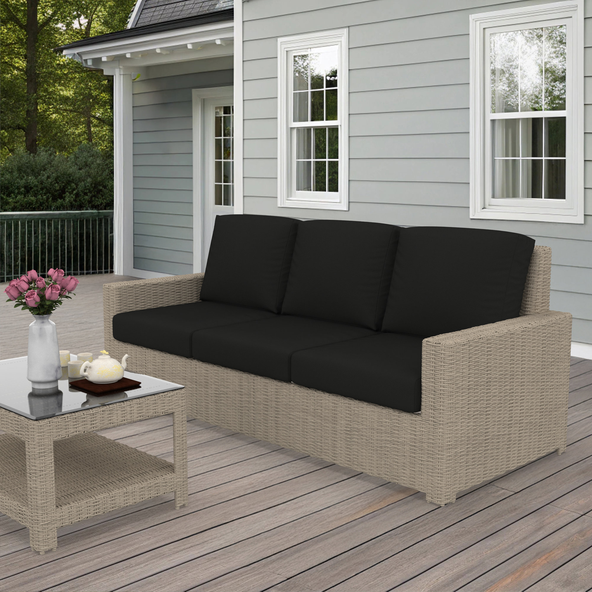 Henri 3 Seat Sofa With Sunbrella Cushions, Canvas Black
