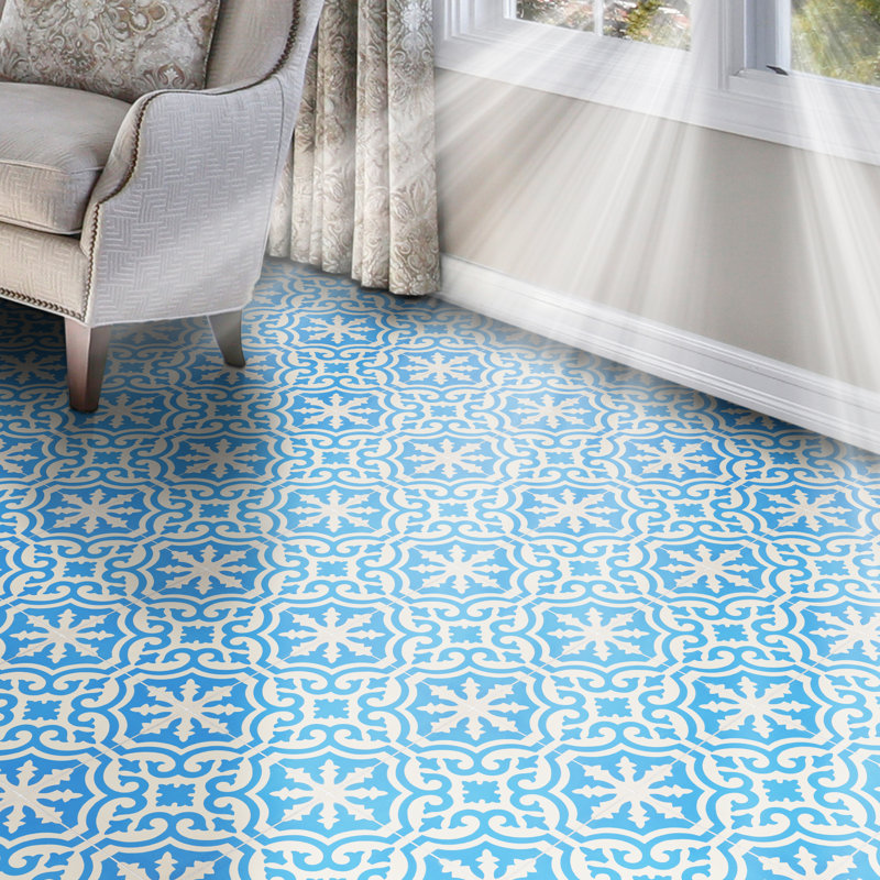 Argana 8" x 8" Cement Patterned Wall & Floor Tile, Sky Blue/White