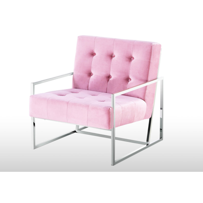 Chaise de salon rose avec velours et structure en acier inoxydable, 35 lb, H 30 po, l 22 po, P 31,5 po, Revêtement une pièce inclus, rembourrage en mousse