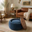 Repose-pieds rond avec rangement 2 en 1, bleu foncé, idéal pour la décoration intérieure et polyvalent comme table de bout et siège-1808112373
