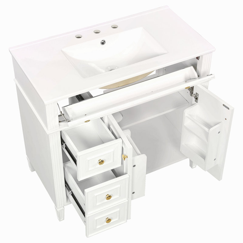 Meuble-lavabo de 36 po avec lavabo en bois massif avec tiroir escamotable, 3 tiroirs et 2 portes à fermeture en douceur, poignées dorées et design moderne