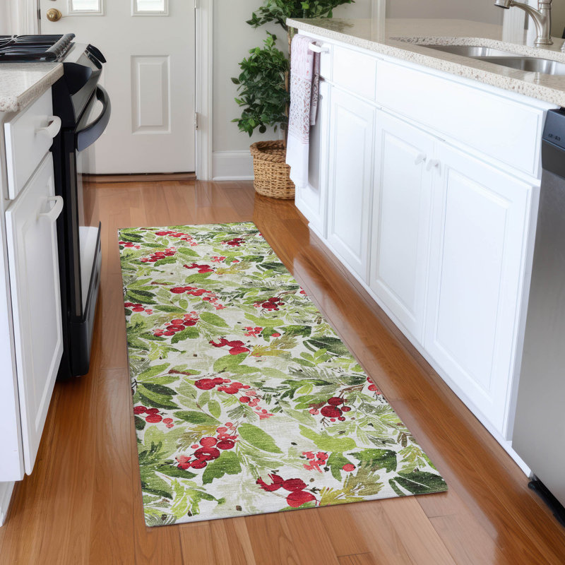 Machine Washable Indoor/Outdoor Christmas Cherries Xhevrie Aloe Rug, Runner 2'3" x 7'6"