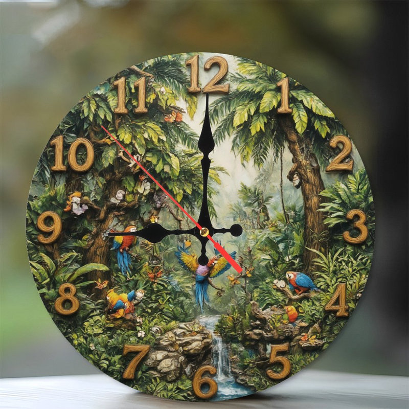 Clock Numbers Jungle Parrots Waterfall