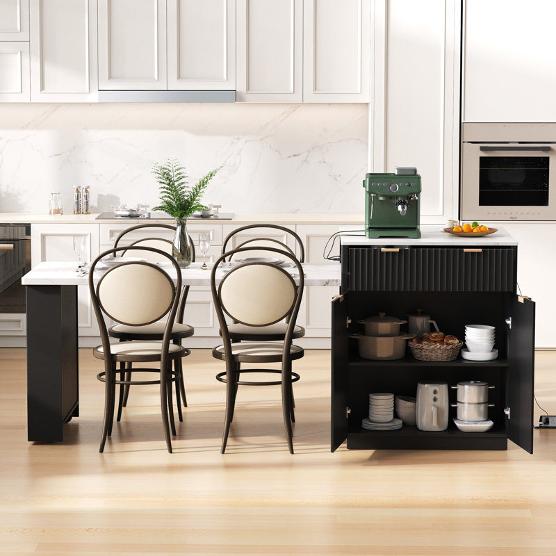 Îlot de cuisine 82,6 po avec table de salle à manger extensible Asabi, prise de courant et rangement, Noir