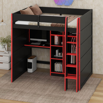 Full Size Gaming Loft Bed, Wood Loft Bed With Desk, Open Wardrobe, Shelves And RGB Lights
