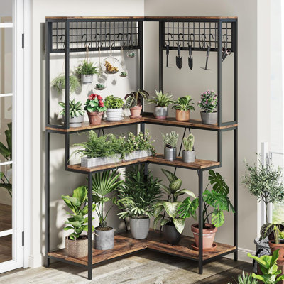 Support pour plante d'intérieur en coin à 4 niveaux de hauteur, 67 pouces, grande tablette en métal et bois avec 12 crochets de suspension