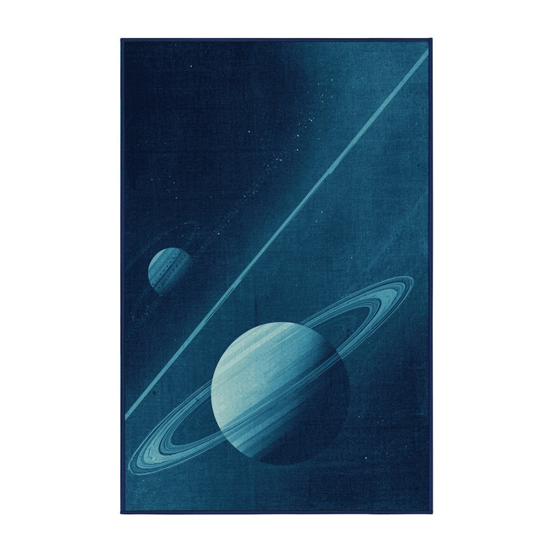 Soft Plush Hewson Exoplanet Illustration Modern & Contemporary Striped Area Rug in Blue – Navy Binding, 3x5