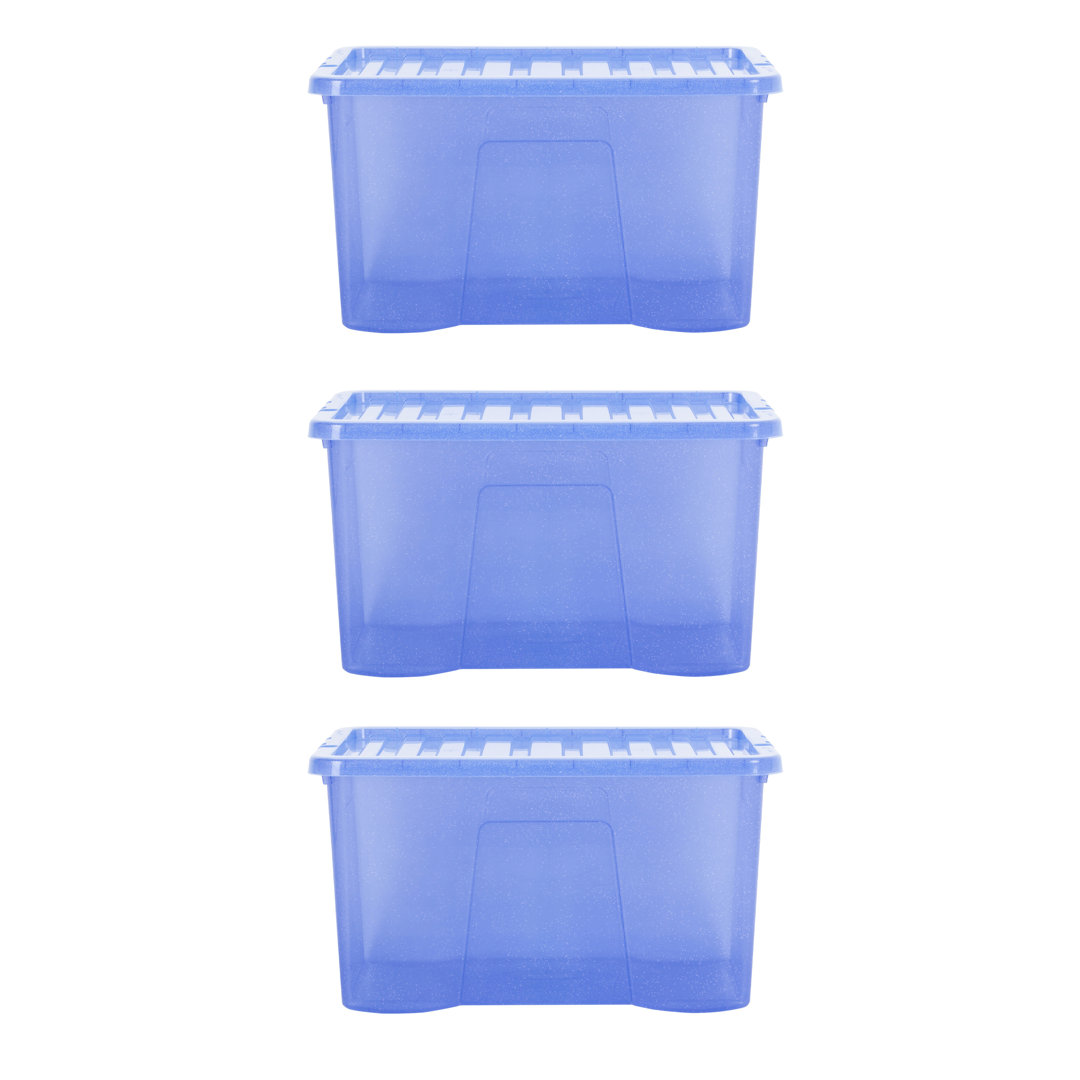 Wham Crystal 60L Plastic Storage Box Pack of 3 Tint Sparkle Blue