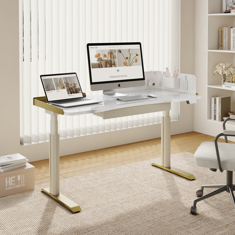 Bureau électrique debout à hauteur réglable avec tiroirs et contrôleur de mémoire, bureau d'ordinateur personnel, Blanc