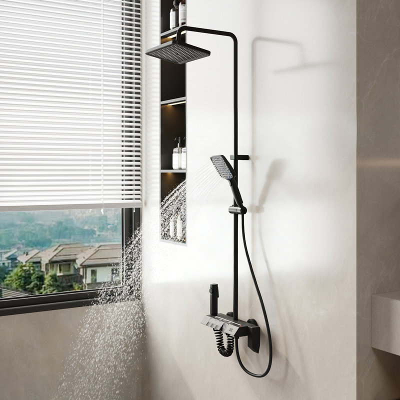 Système de douche noir avec affichage de la température à DEL et pomme de douche à effet pluie