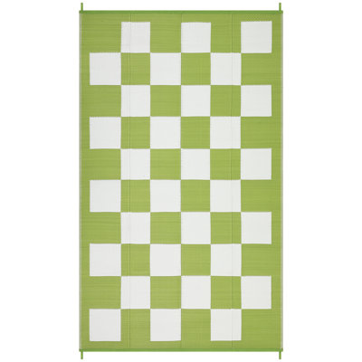 Large Waterproof Outdoor Rug, Reversible Plastic Straw Patio Mat - Modern Geometric Plaid Carpet, UV Resistant, Collapsible for Camping, Picnic, Deck, Backyard - Green White, 8x10ft