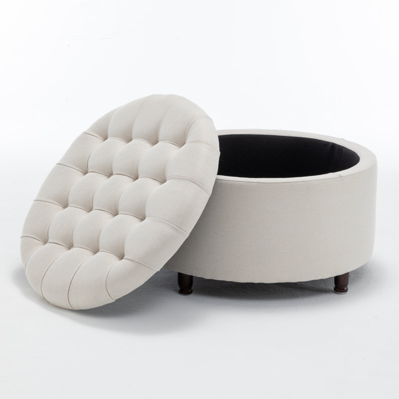 28" Round Storage Ottoman, Modern Tufted Footstool For Living Room, White, Beige