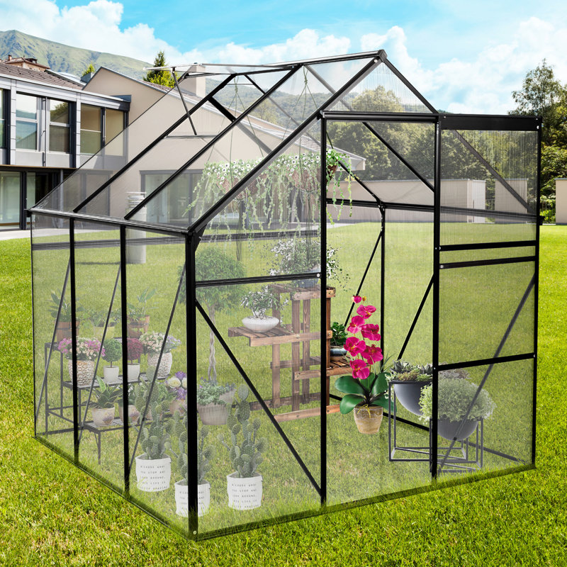 6x6ft Black Polycarbonate Greenhouse - For All Season Plant Breeding Adjustable Roof, Sliding Door, Blocking Feature Black, Yard Work Galvanized Base