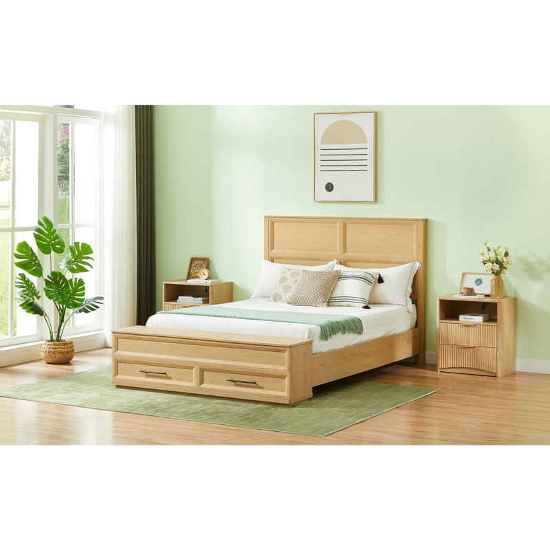 Lit avec tête de lit géométrique 3D et banc de rangement - rangement à 4 tiroirs, mobilier de chambre moderne, Grand lit, Oak