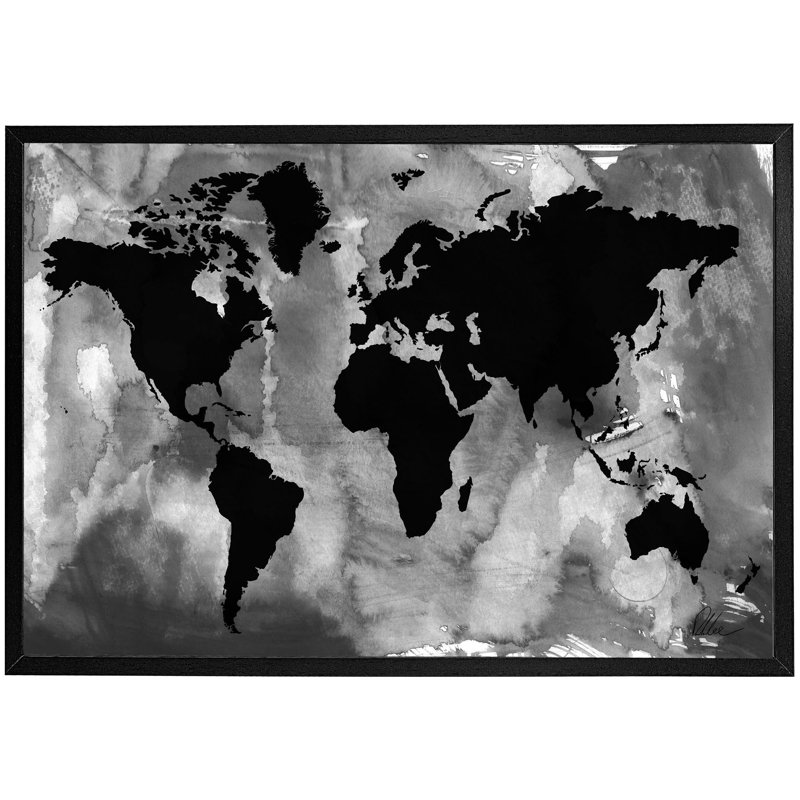 Black And White World Map - Single Picture Frame Painting, Black, 41cm H x 61cm W x 4cm D