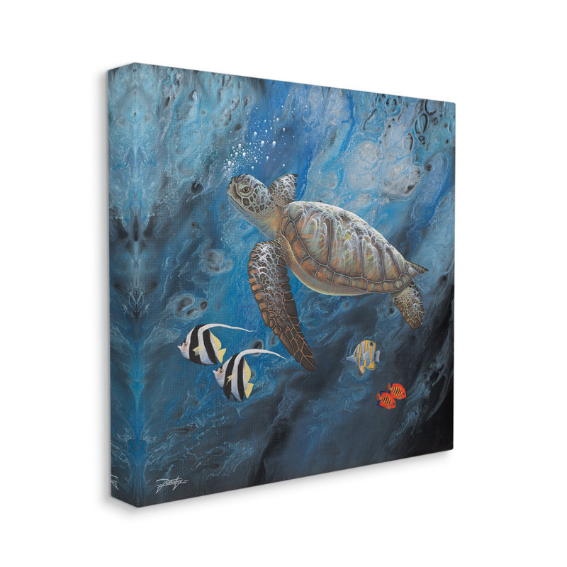 30" x 30" Blue and Brown Canvas Sea Turtle Painting