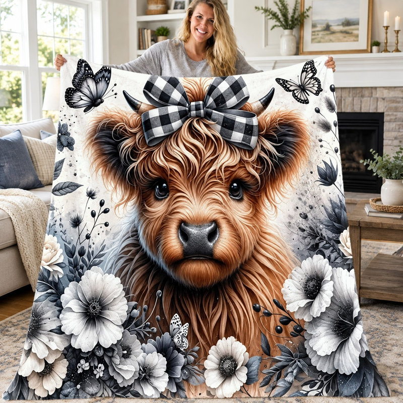 1pc Highland Cow Blanket, Cute Farm Animal Fluffy Flannel Throw, Soft Cozy Lightweight Blanket for Sofa Bed Couch Living Room Dorm Office Travel Decor, All-Season Warm Gift