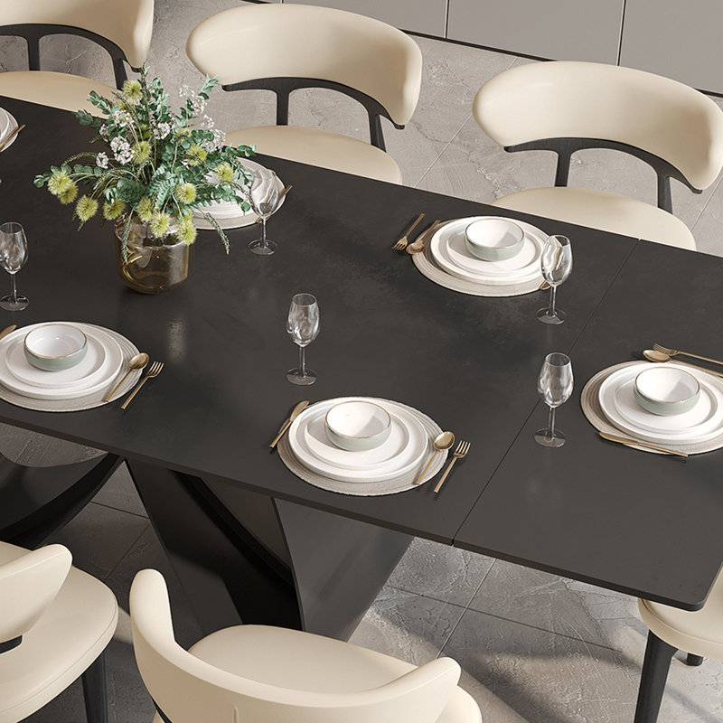 63''-94.5'' Extendable Rectangular Sintered Stone Dining Table Steel Legs, Black Modern Dining Table with Adjustable Foot Pads Seat 6-8