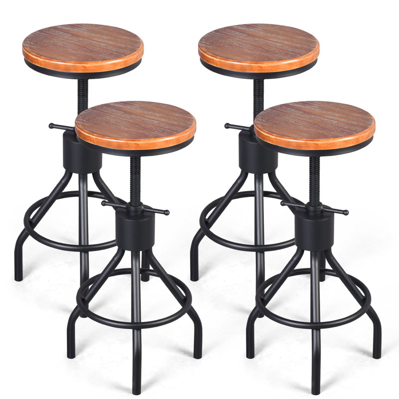 Set,Industrial Bar Stool-Height Adjustable Swivel Wood And Metal Bar Stool,Farmhouse Stool,Extra Tall Pub Height,23.4"-33", 4