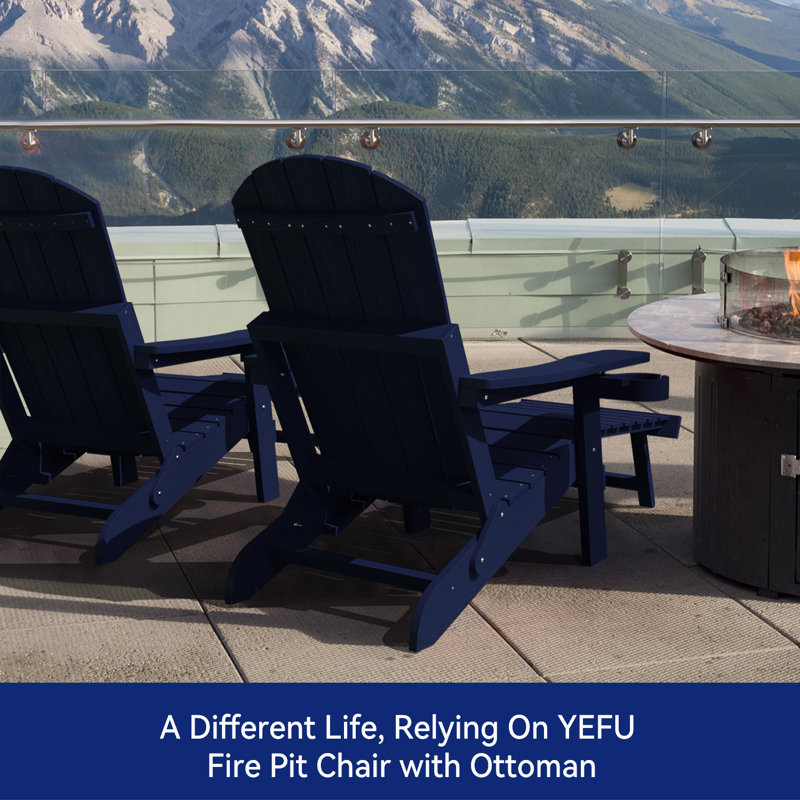 Folding Adirondack Chair Outdoor HIPS Adjustable Adirondack Chair with Footrest and 2 Cup Holder 5-Level Adjustable Patio Chair for Lawn, Poolside, Patio, Navy