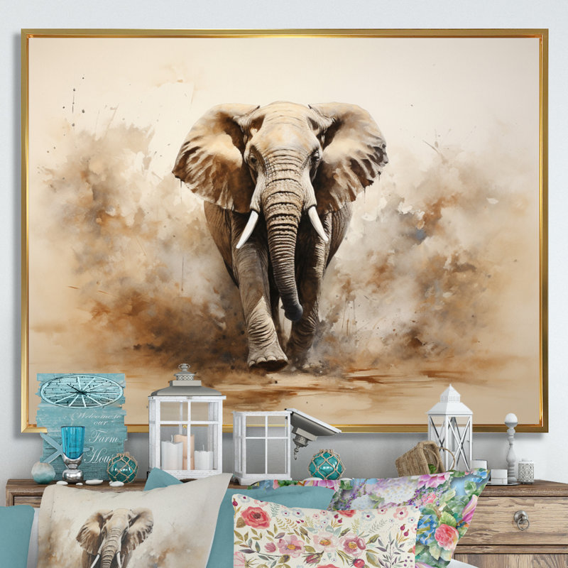 Minimalisme éléphant grâce I - reproduction sur toile, Cadre flottant doré, H 34 po x l 44 po x P 1,5 po