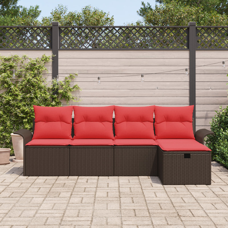 vidaXL Garden Sofa Set with Cushion 5 pcs Brown and Red Poly Rattan, Brown Frame/Red Cushion