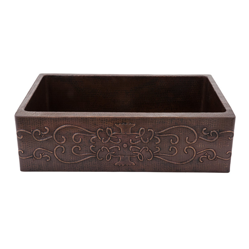 33" Hammered Copper Apron Front Single Basin Kitchen Sink w/ Scroll Design
