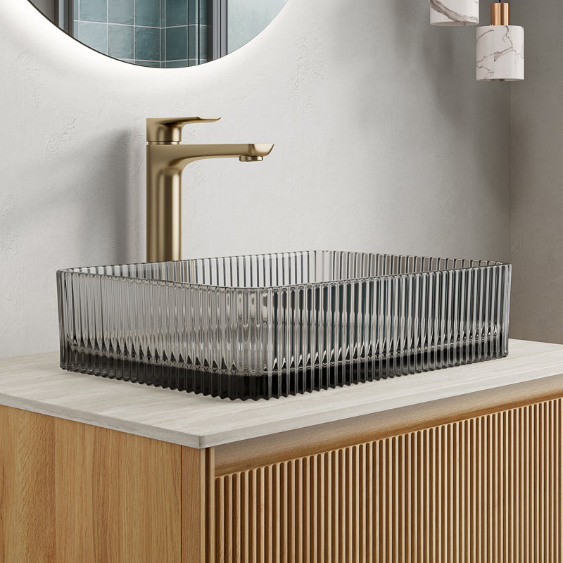 Lavabo de salle de bain rectangulaire en cristal 18 po CORA, noir transparent, sans robinet