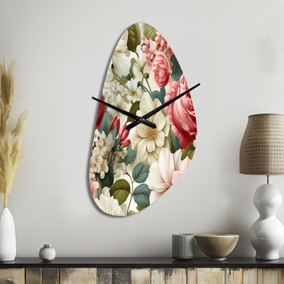 Antique Rose Muted Green Garden - Floral Asymmetrical Metal Wall Clock, Green Irregular Shape Clock Print