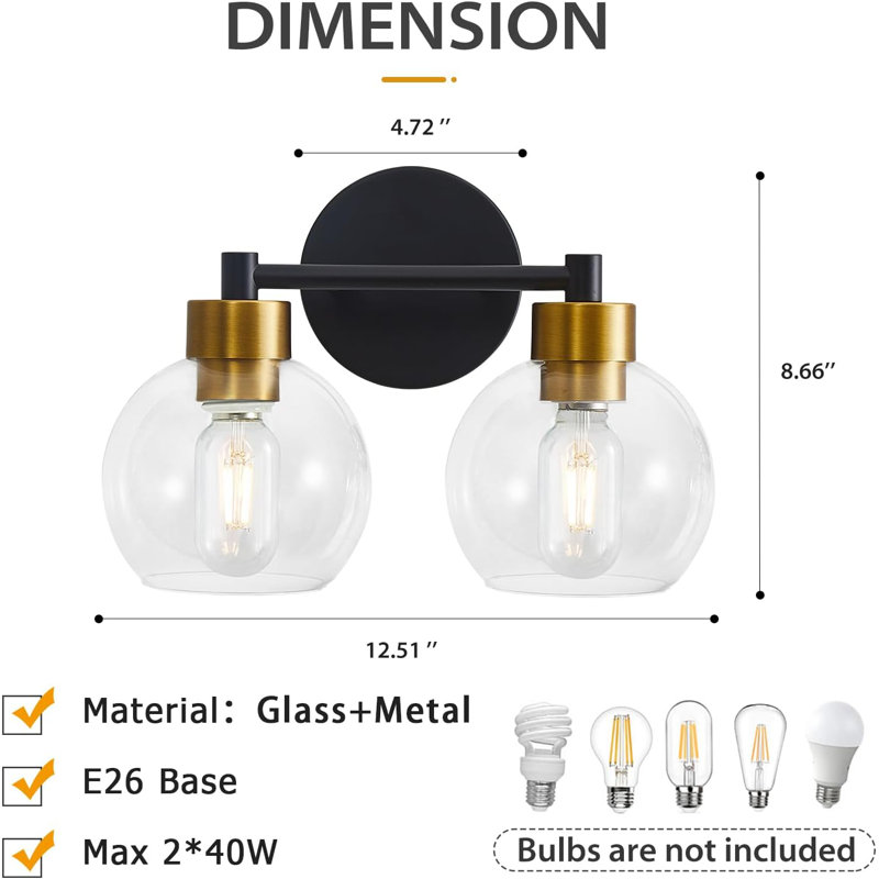 Vanity Light Fixture With Clear Glass Shades, 2-Light Bathroom Wall Sconce For Mirror, Kitchen, And Stairs, Industrial Modern Design, E26 Socket Base