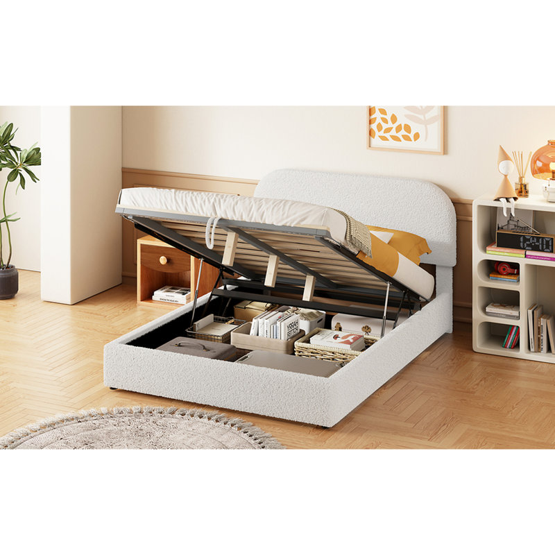 Hydraulic Storage Full Size Bed With Smooth White Fleece Surface Upholstered In Effective, Full / Double
