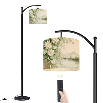  Lampe sur pied Arc Elegant Floral Landscape White Blooms Serene Mountain Lake, grande lampe sur pied moderne, abat-jour réglable en lin à 3 couleurs