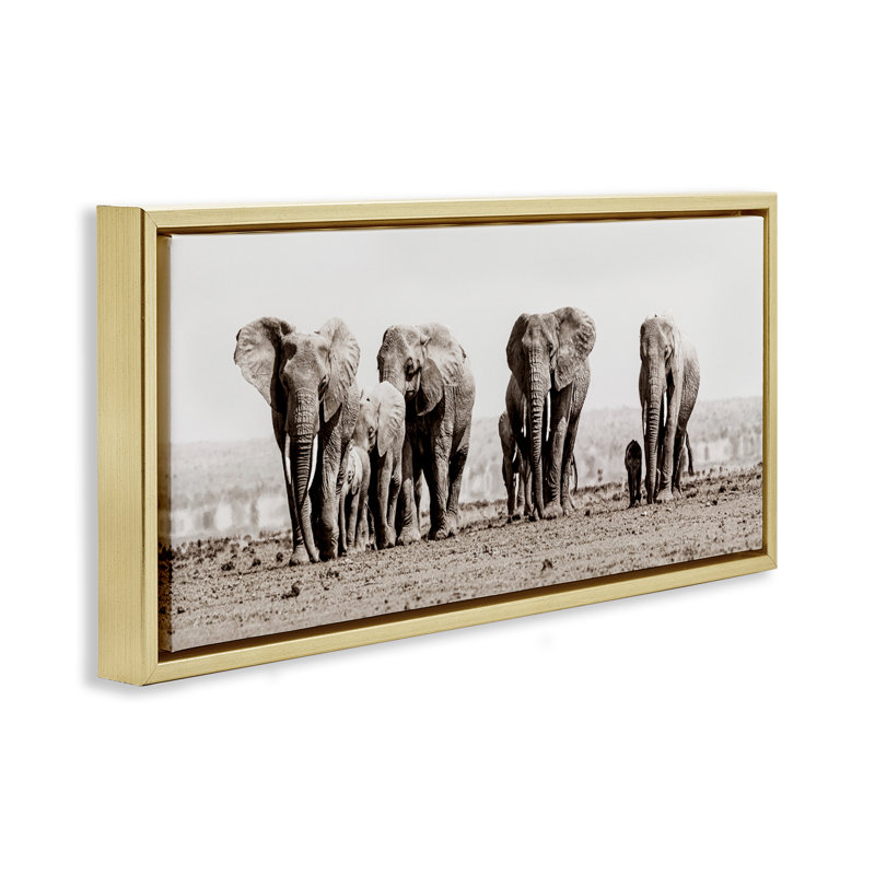 Famille d'éléphants dans la savane, H 11 po x l 25 po, Cadre flottant gris lustré