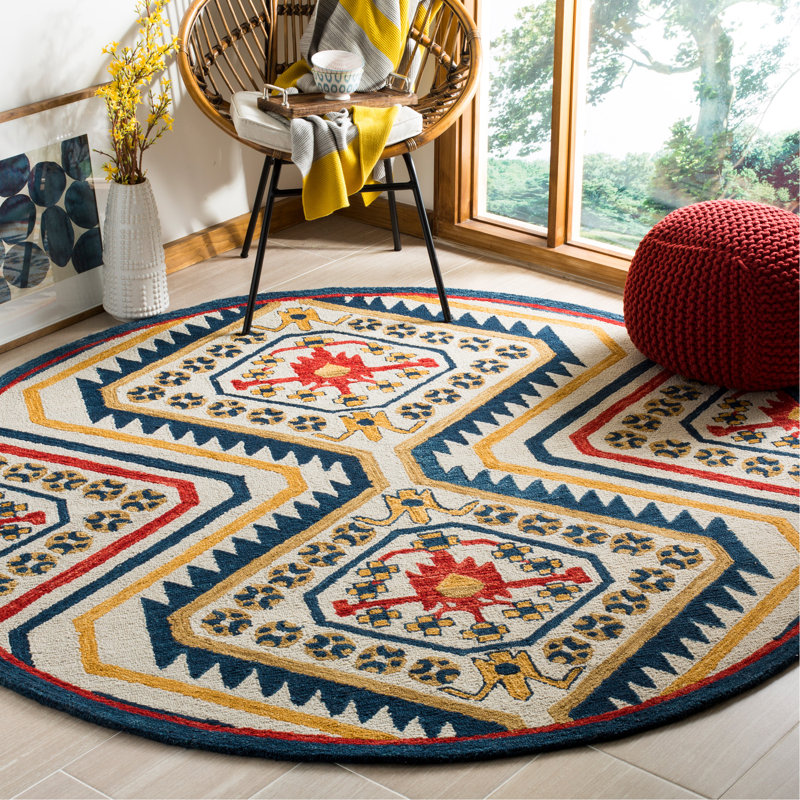 Deyoung Hand Tufted Wool Geometric Rug, Round 7'
