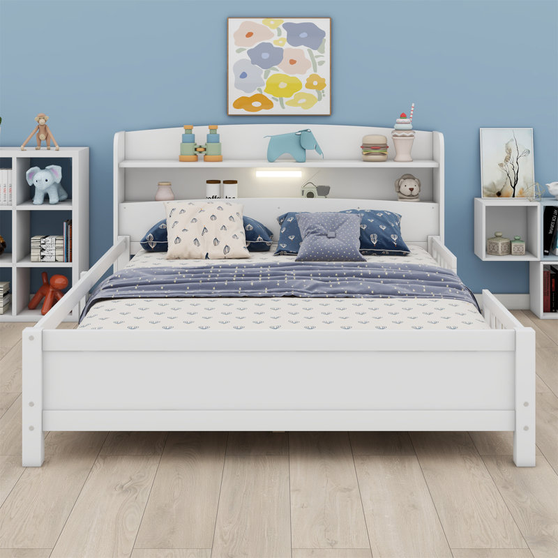 Lit plateforme simple en bois avec éclairage à DEL intégré et rangement, Blanc, Complète