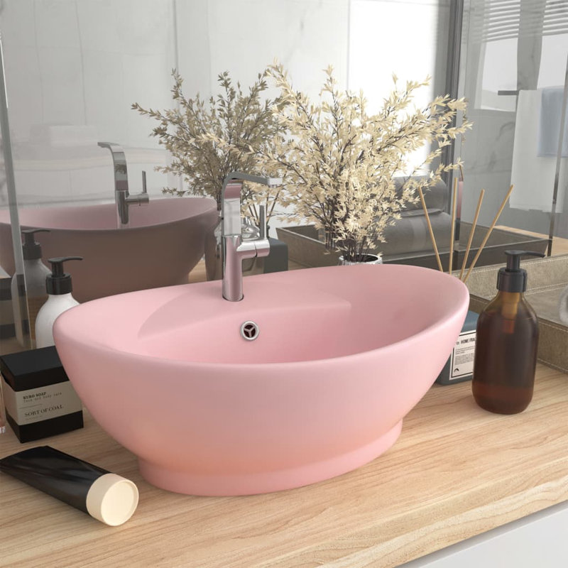 Belfry Bathroom Pearlene 390mm W Ceramic Oval Sink with Overflow, Pink