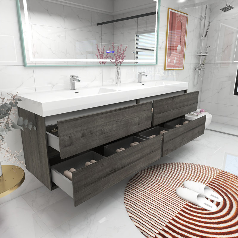 83.4'' Double Bathroom Vanity with Acrylic Top, Somoke Oak