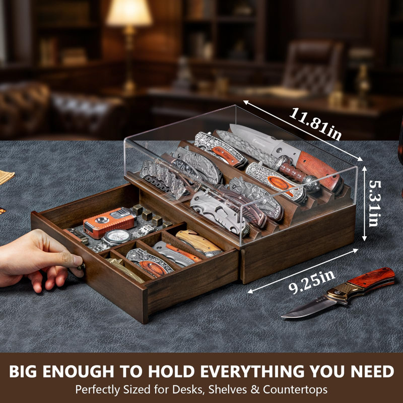 Wooden Pocket Knife Display Case with Clear Acrylic Dust‑Proof Lid, Multi‑Slot Knife Collector Storage Box with Felt‑Lined Drawer for Folding Knives, Watches and EDC Gear