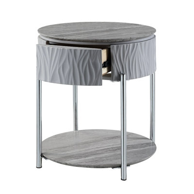 Grey And Silver End Table For Home - High Gloss Finish, Oval Elements Contemporary With Built-In Shelves Practical Piece
