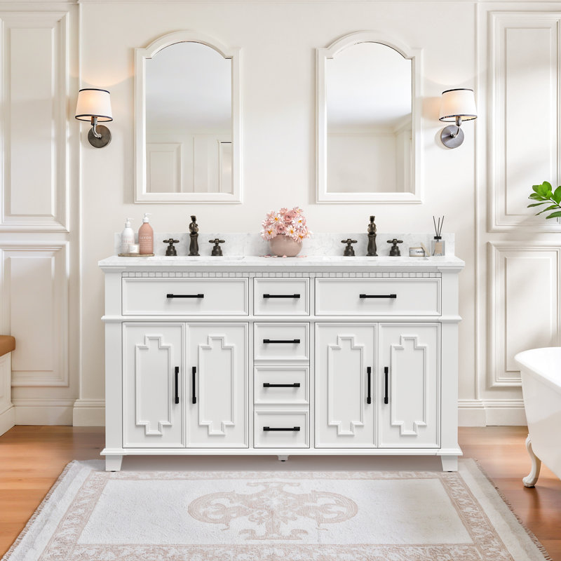 Ensemble de meuble-lavabo double 60 po avec plateau en pierre reconstituée Scarlett, Blanc / noir mat