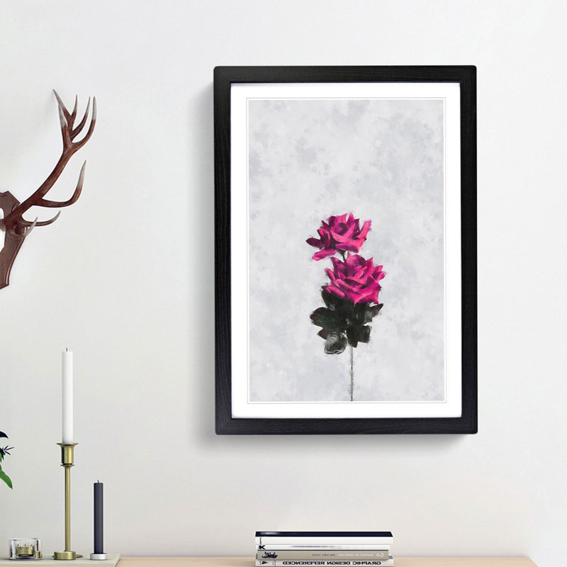 Two Pink Roses - Single Picture Frame Painting on MDF, 45cm H x 33cm W x 2cm D, Black Framed