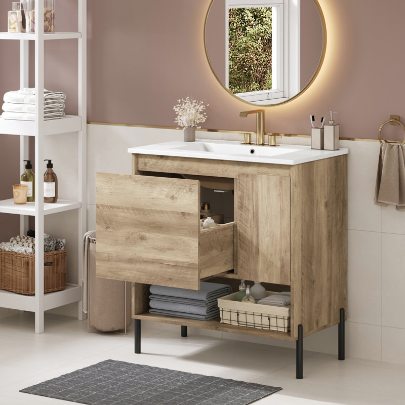 Armoire de rangement pour salle de bain avec lavabo en céramique de 30 po, système d'organisation à tiroirs, porte, tablette ouverte, structure en bois, pieds en métal, cloisons de tiroir faciles à nettoyer, armoire, lavabo massif