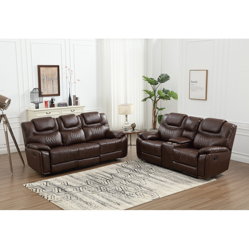 Jepum 2 - Piece Genuine Leather Manual Reclining Living Room Set with Cupholder & Storage, Espresso