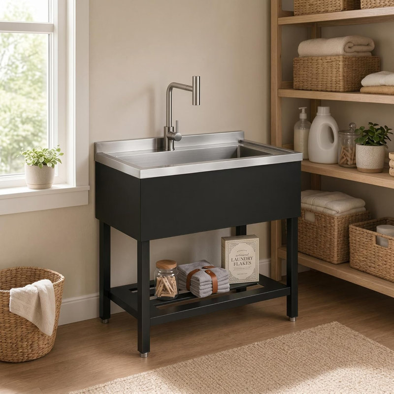 Évier utilitaire autoportant de 91 cm avec robinet extractible, grand bac à lessive à cuve, noir