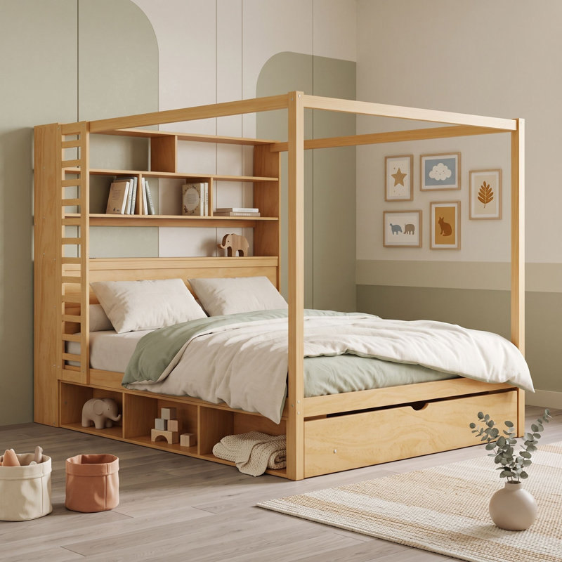 Lit plateforme en bois avec étagères, station de chargement USB, éclairage DEL et tiroir au pied du lit, Grand lit, Naturel