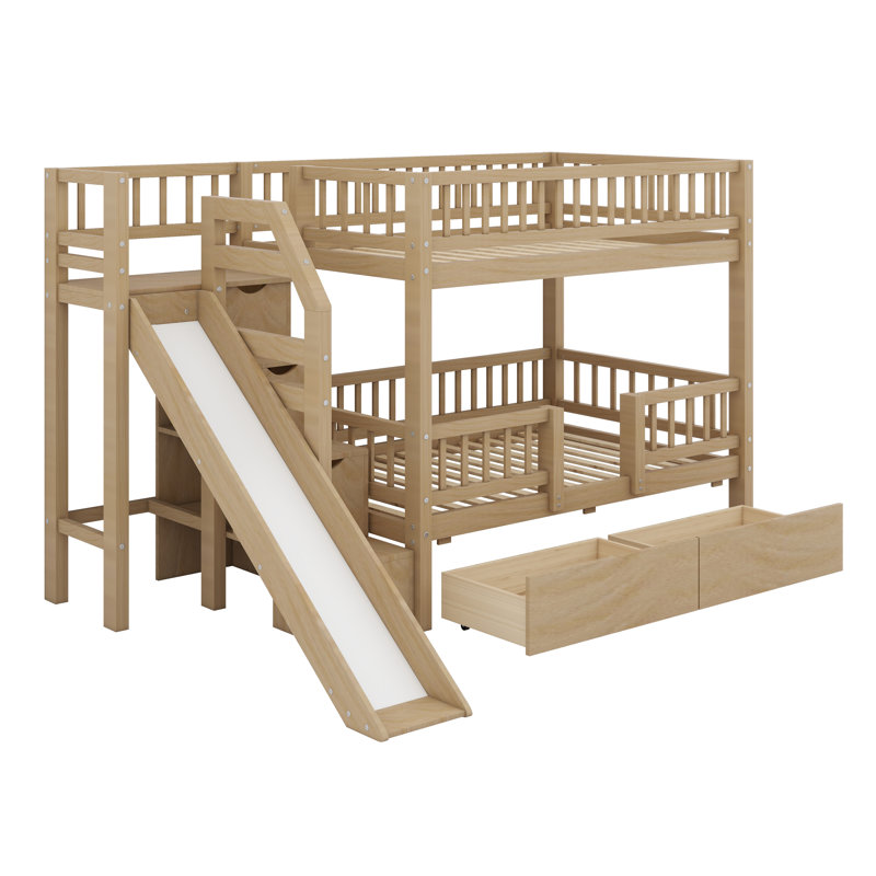 Lit superposé pour enfants avec rangement intensif, glissoire attachée et tiroirs spacieux