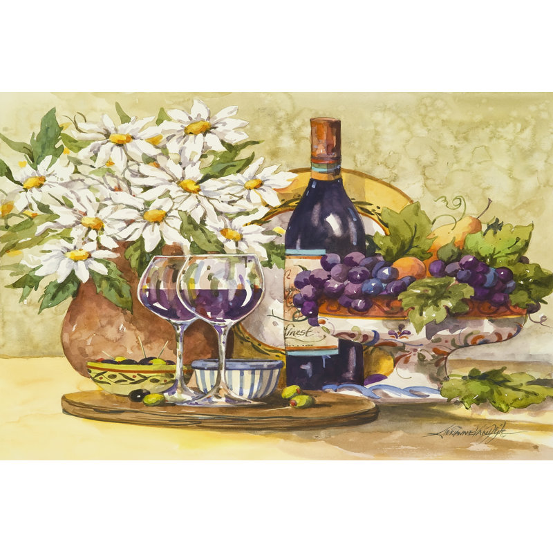 Wine & Daisies - Wrapped Canvas Painting, 30cm H x 46cm W x 3.8cm D