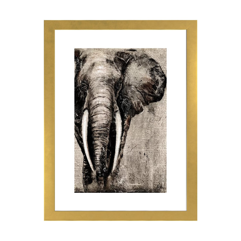 Éléphant sur papier journal par Patricia Pinto - impression d'art graphique, H 32 po x l 24 po x P 1 po, Papier encadré doré