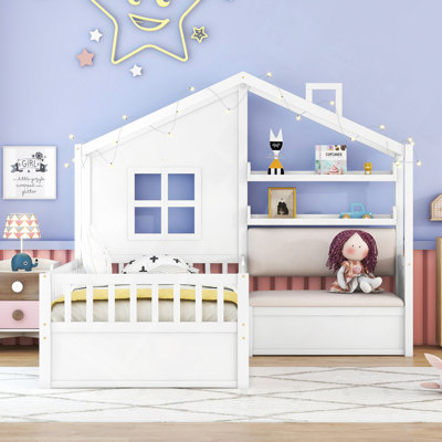 House Bed With Sofa, Platform Bed With Two Drawers And Storage Shelf