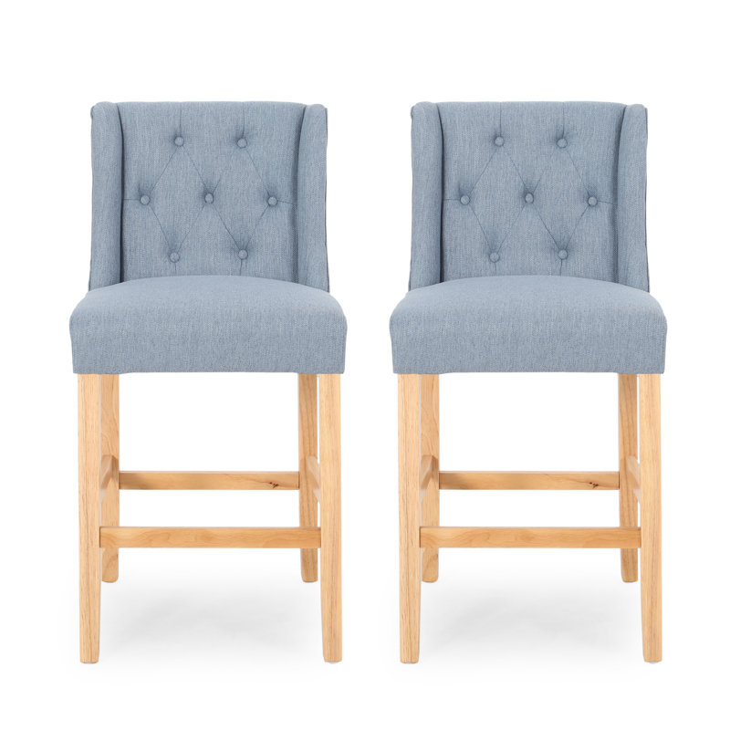 Ensemble de 2 tabourets de comptoir à oreilles capitonnés en tissu Vienna Vienna, bleu clair et naturel, Bleu clair